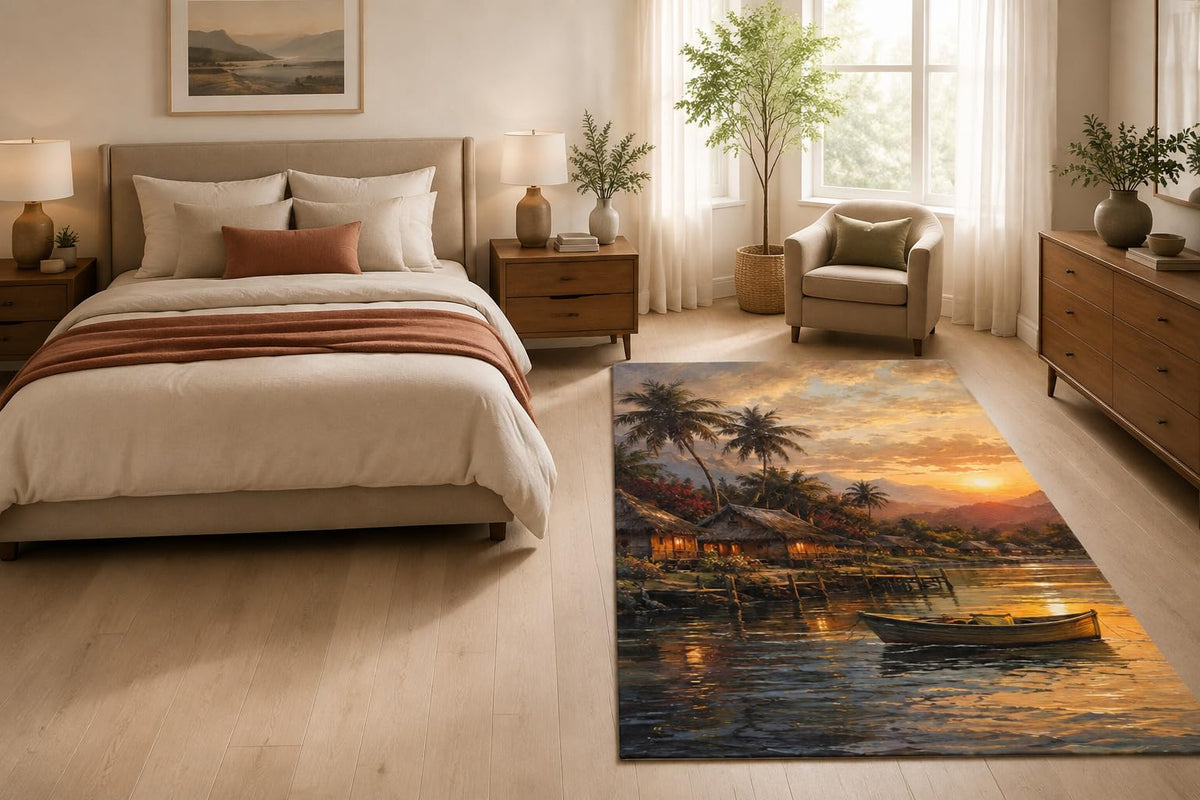 ICE ARMOR "Ultra Light Weight 5' x 7' Tropical Village Area Rug for Living Room, Bedroom and Home Office, Soft Low Pile Carpet with Non-Slip Silicone Backing, Orange and Brown