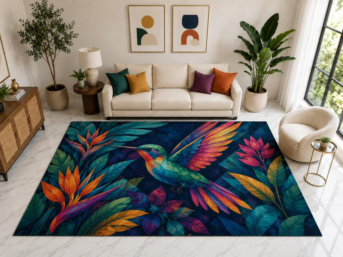 ICE ARMOR "Ultra Light Weight Large 6'7" x 9'10" Hummingbird Tropical Rug, Soft Low Pile Indoor Rug, Non-Slip Silicone Backing for Living Room Teal