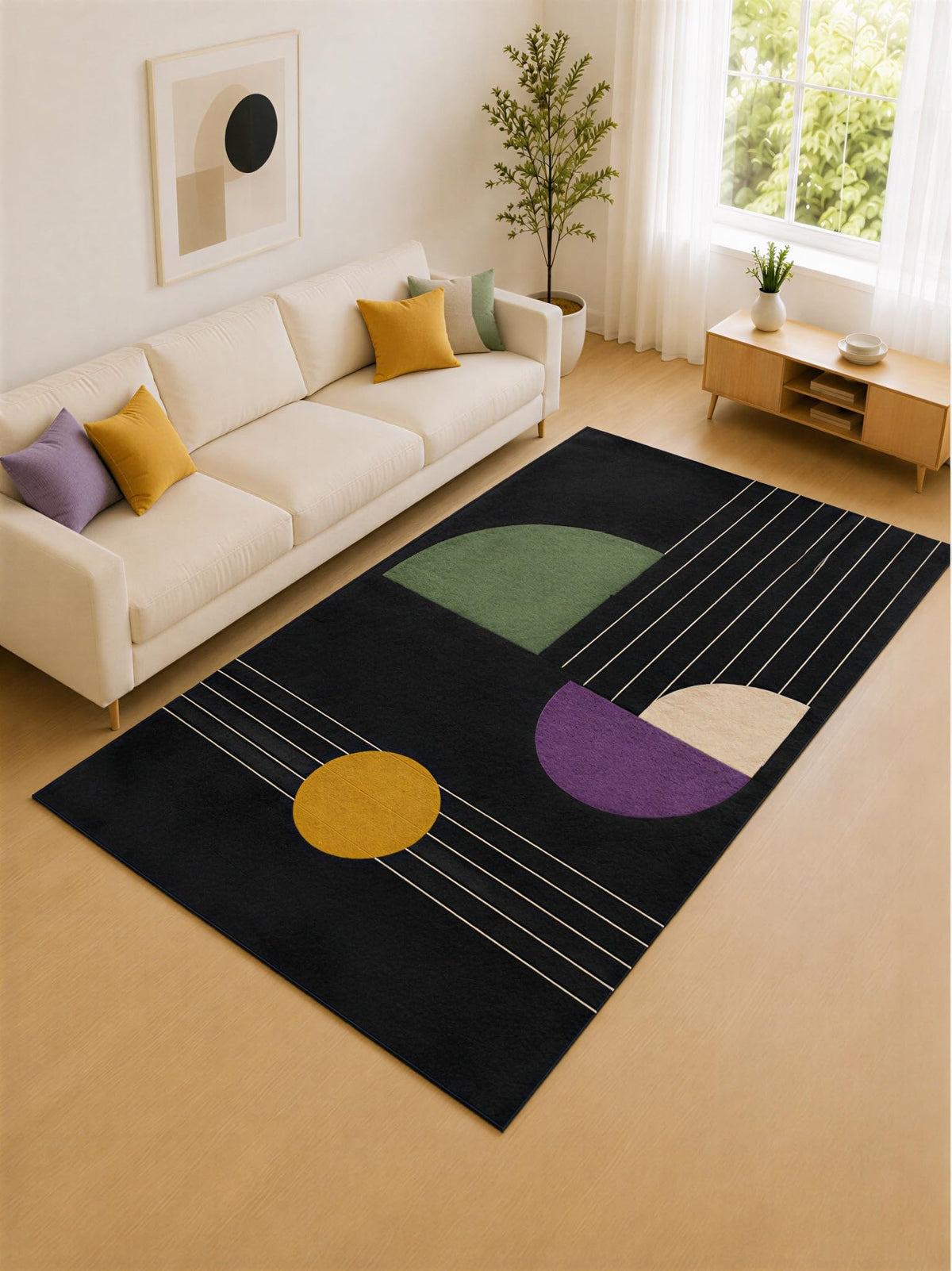 ICE ARMOR "Ultra Lightweight Large 6'7" x 9'10" Black and Sage Graphic Lines Area Rug for Living Room, Bedroom and Home Office, Soft Low Pile Carpet with Non-Slip Silicone Backing