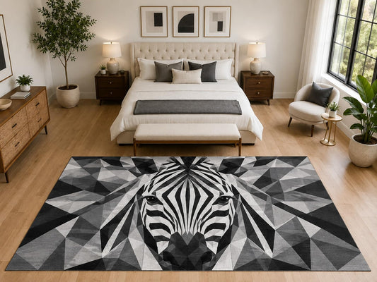 ICE ARMOR "Ultra Light Weight Large 6'7" x 9'10" Zebra Head Area Rug Carpet Soft Low Pile Indoor Rug and Non-Slip Silicone Backing Living Room Black