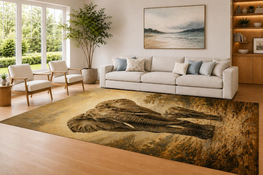 ICE ARMOR Large 6'7" x 9'10" Brown and Golden Color Gentle Elephants Area Rug for Living Room, Soft Low Pile Carpet with Non-Slip Silicone Backing, Decor for Bedroom and Home Office