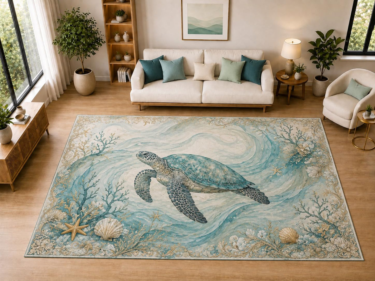 ICE ARMOR "Ultra Light Weight Large 6'7" x 9'10" Sea Turtle Ocean Wave Decor, Living Room, Bedroom, Dining Room, Office, Family Room, Soft Low Pile Indoor Rug, Non-Slip Silicone Backing, Aqua