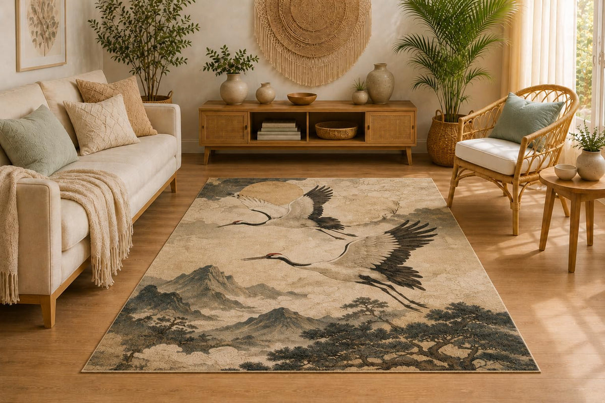 ICE ARMOR 5' x 7' Japanese Crane Area Rug, Soft Low Pile Indoor Rug with Non-Slip Silicone Backing, Decorative Carpet for Living Room, Bedroom, Office, Oriental