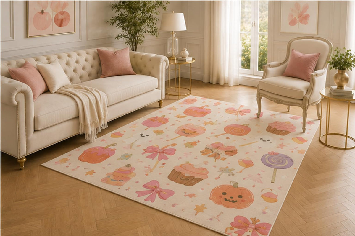 ICE ARMOR 5' x 7' Pink Halloween Candy Rug, Sweet Pumpkin Cupcake Bow Motif, Lightweight Decorative Floor Mat with Slip-Resistant Bottom for Girls Bedroom and Play Area