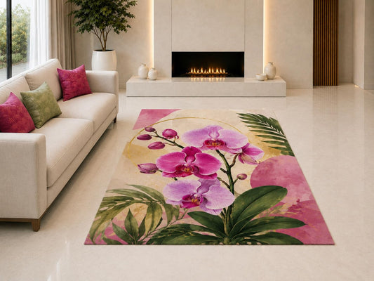 ICE ARMOR "Ultra Light Weight 5' x 7' Orchid Garden Area Rug for Living Room, Bedroom and Home Office, Soft Low Pile Carpet with Non-Slip Silicone Backing, Pink and Green