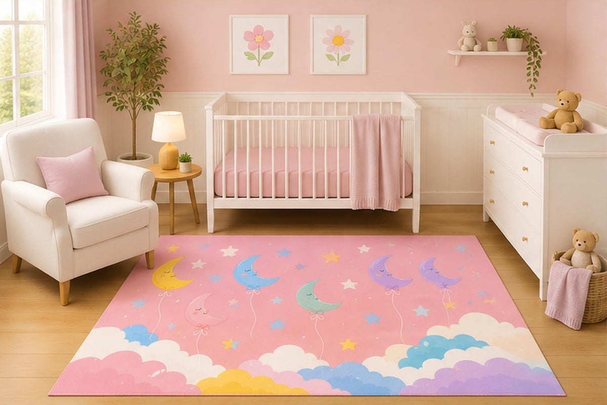 ICE ARMOR 5' x 7' Pastel Moon Balloon Area Rug for Nursery Room, Cute Floating Crescent Moon Clouds and Stars Design for Baby Girl Bedroom Decor, Non-Slip Silicone Backing Low Pile