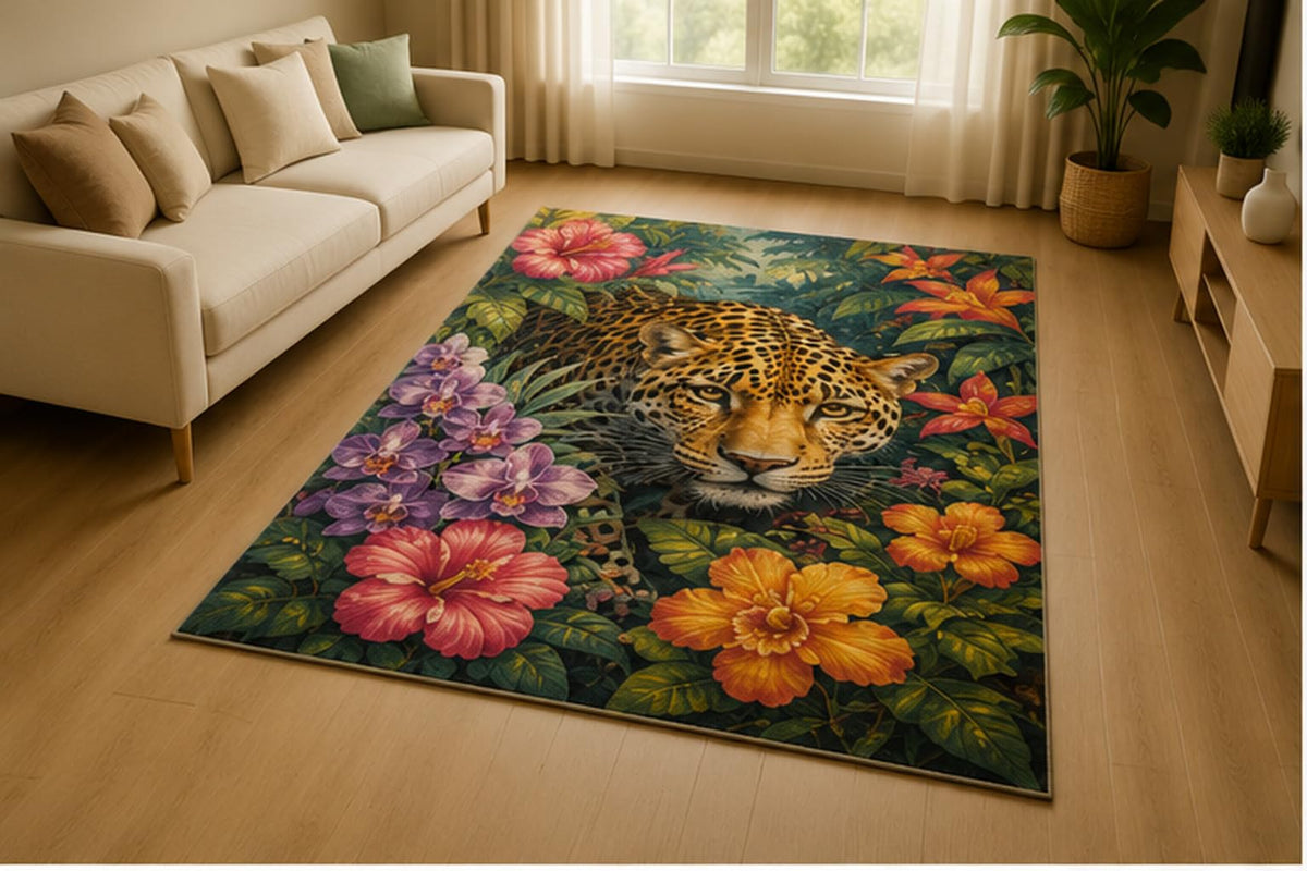 ICE ARMOR 5' x 7' Jaguar Tropical Floral Area Rug for Living Room, Soft Low Pile Indoor Rug with Non-Slip Silicone Backing, Exotic Wildlife Decor for Bedroom, Office, Family Room, Kids & Pets, Green