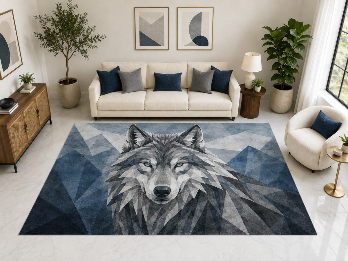 ICE ARMOR "Ultra Light Weight Large 6'7" x 9'10" Wolf Head Area Rug Carpet Soft Low Pile Indoor Rug and Non-Slip Silicone Backing Blue Gray