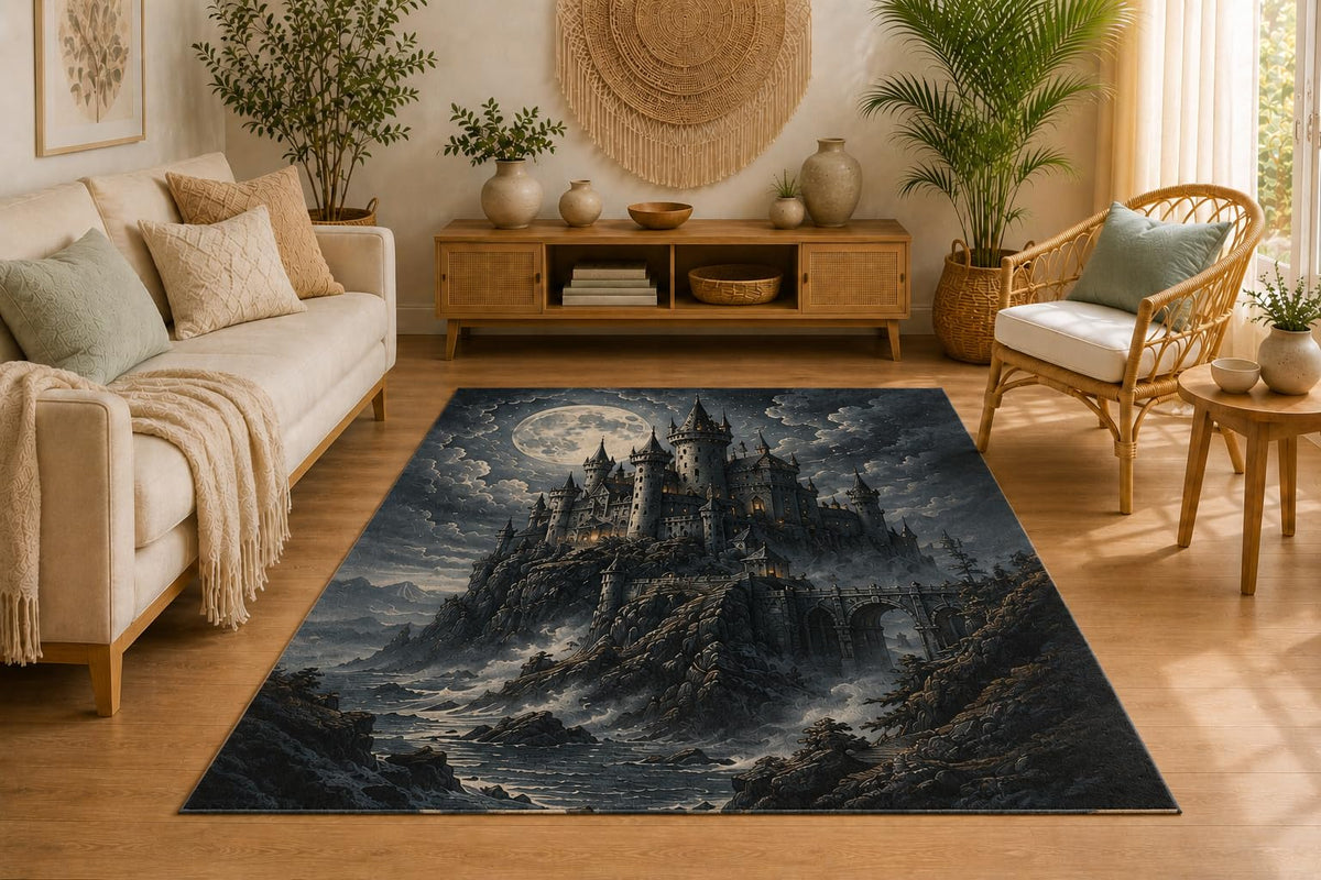ICE ARMOR 5' x 7' Moonlit Fantasy Castle Area Rug, Soft Low Pile Indoor Rug with Non-Slip Silicone Backing, Decorative Carpet for Living Room, Bedroom, Dining Room, Office, Gothic Castle