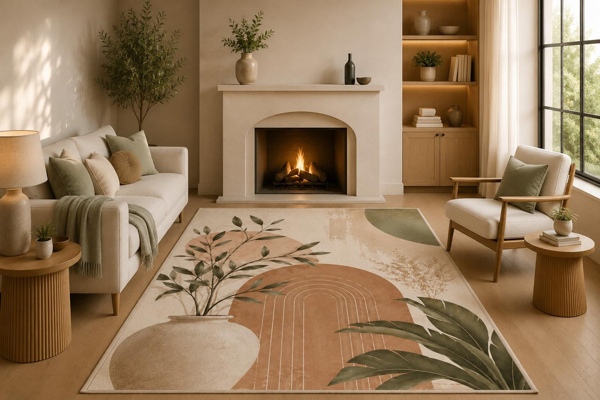 ICE ARMOR 5' x 7' Modern Botanical Abstract Area Rug with Non-Slip Silicone Backing Low Pile Soft Carpet for Living Room Bedroom Neutral Beige Green Floral Decor