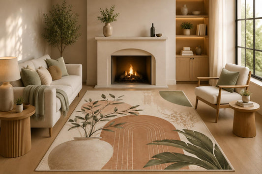 ICE ARMOR 5' x 7' Modern Botanical Abstract Area Rug with Non-Slip Silicone Backing Low Pile Soft Carpet for Living Room Bedroom Neutral Beige Green Floral Decor
