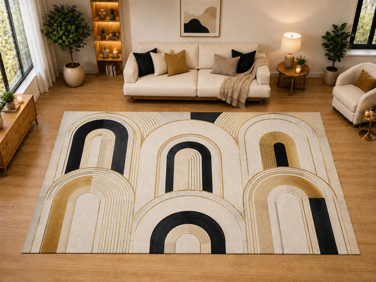 ICE ARMOR "Ultra Light Weight Large 6'7" x 9'10" Modern Arch Geometric Area Rug for Living Room, Bedroom, Dining Room, Soft Low Pile Non-Slip Backing, Black Ivory