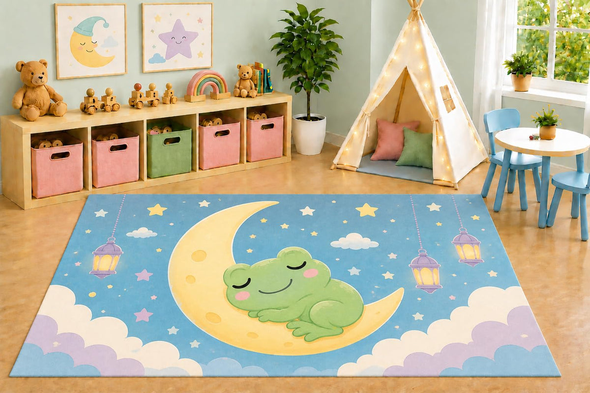 ICE ARMOR 5' x 7' Sleeping Frog Moon Area Rug, Dreamy Night Sky Crescent Moon Stars Nursery Kids Bedroom Playroom Rug, Non-Slip Silicone Backing Low Pile