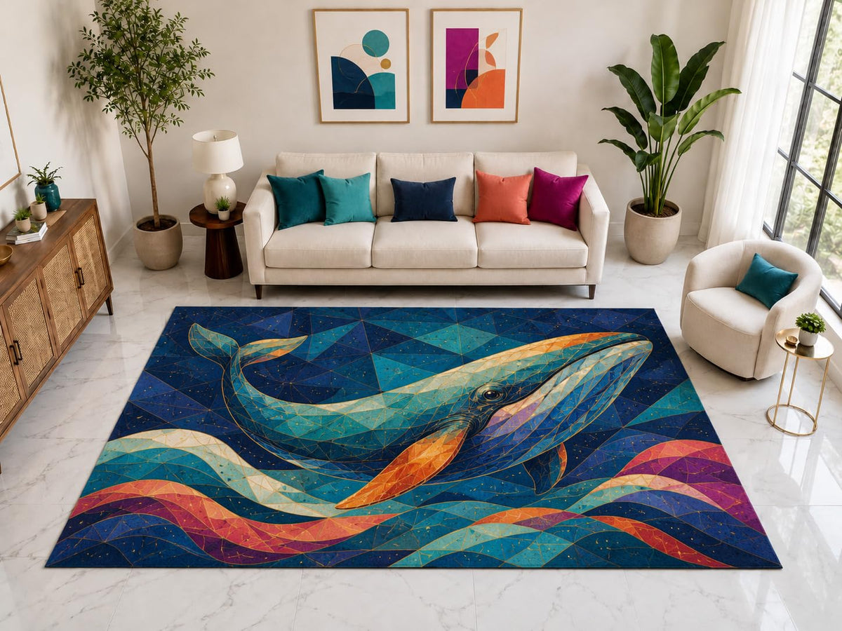 ICE ARMOR "Ultra Light Weight Large 6'7" x 9'10" Geometric Whale Rug, Soft Low Pile Indoor Rug, Non-Slip Silicone Backing for Living Room Blue