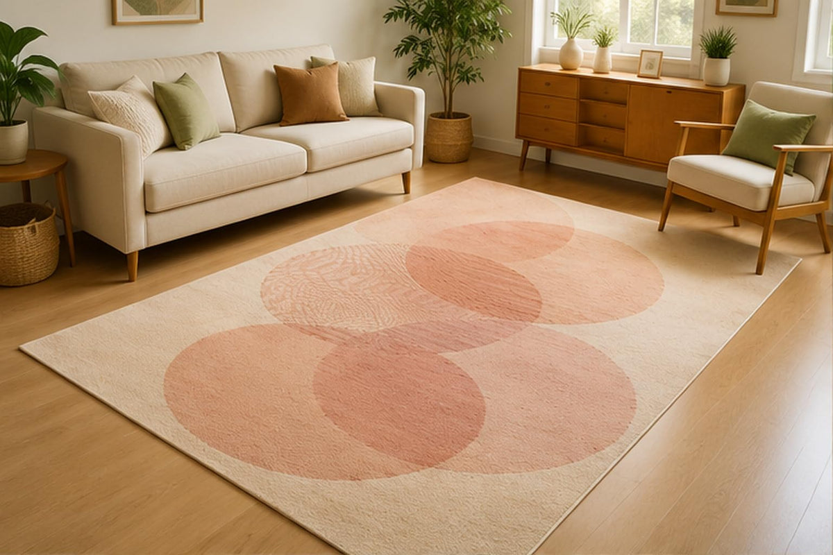 ICE ARMOR 5' x 7' Blush Overlapping Circle Area Rug for Living Room, Soft Low Pile Indoor Rug with Non-Slip Silicone Backing, Scandinavian Carpet for Bedroom, Nursery, Kids Room, Blush Ivory