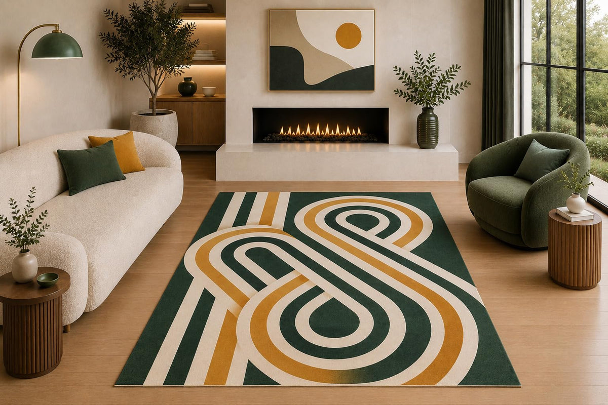 ICE ARMOR "Ultra Light Weight 5' x 7' Mid Century Modern Area Rug Forest Green Mustard Beige Abstract Loop Design for Living Room Bedroom Dining Room Office Non-Slip Silicone Backing Low Pile