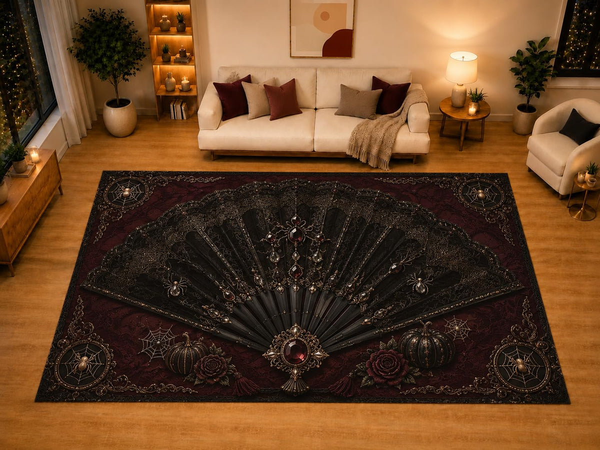 ICE ARMOR "Ultra Light Weight Large 6'7" x 9'10" Victorian Folding Fan Gothic Area Rug for Living Room Bedroom Dining Area, Soft Low Pile Non-Slip Backing, Burgundy Black Spider Decor