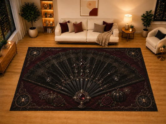 ICE ARMOR "Ultra Light Weight Large 6'7" x 9'10" Victorian Folding Fan Gothic Area Rug for Living Room Bedroom Dining Area, Soft Low Pile Non-Slip Backing, Burgundy Black Spider Decor