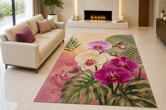 ICE ARMOR "Ultra Light Weight 5' x 7' Mixed Orchid Bouquet Area Rug for Living Room, Bedroom and Home Office, Soft Low Pile Carpet with Non-Slip Silicone Backing, Purple and Green