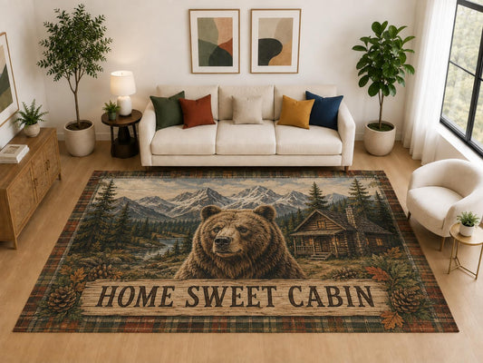 ICE ARMOR "Ultra Light Weight Large 6'7" x 9'10" Home Sweet Cabin Bear Rug, Soft Low Pile Indoor Rug, Non-Slip Silicone Backing for Living Room Brown