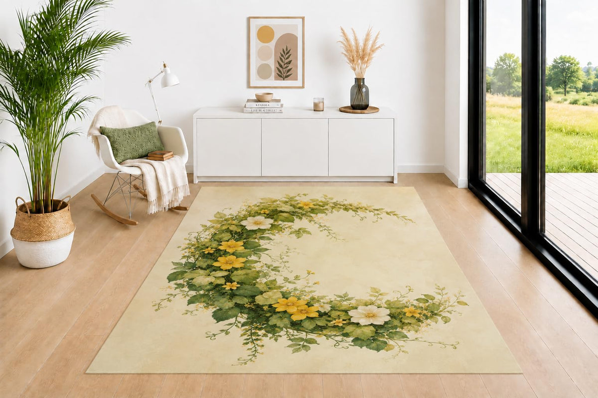 ICE ARMOR 5' x 7' Floral Vine Wreath Area Rug for Living Room, Soft Low Pile Indoor Rug with Non-Slip Backing, Botanical Carpet for Bedroom, Dining Room, Office, Cream Green