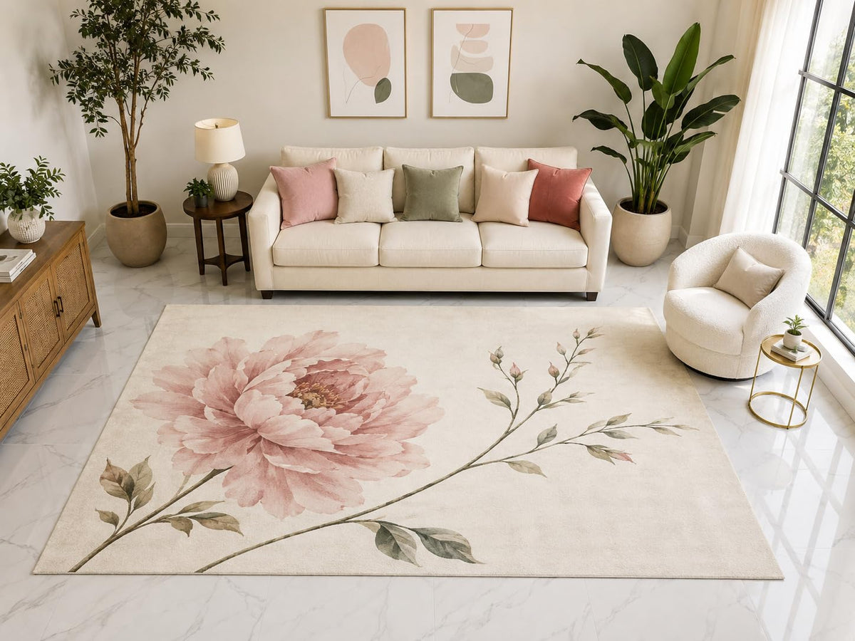 ICE ARMOR "Ultra Light Weight Large 6'7" x 9'10" Pink Peony Rug, Soft Low Pile Indoor Rug, Non-Slip Silicone Backing for Living Room Cream Pink