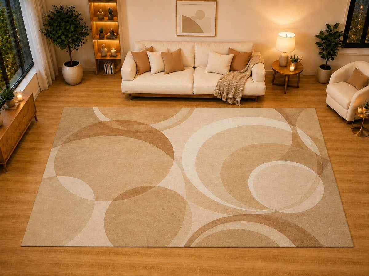 ICE ARMOR "Ultra Light Weight Large 6'7" x 9'10" Interlocking Circle Rings Area Rug for Living Room, Bedroom, Dining Room, Soft Low Pile Non-Slip Backing, Caramel Ivory