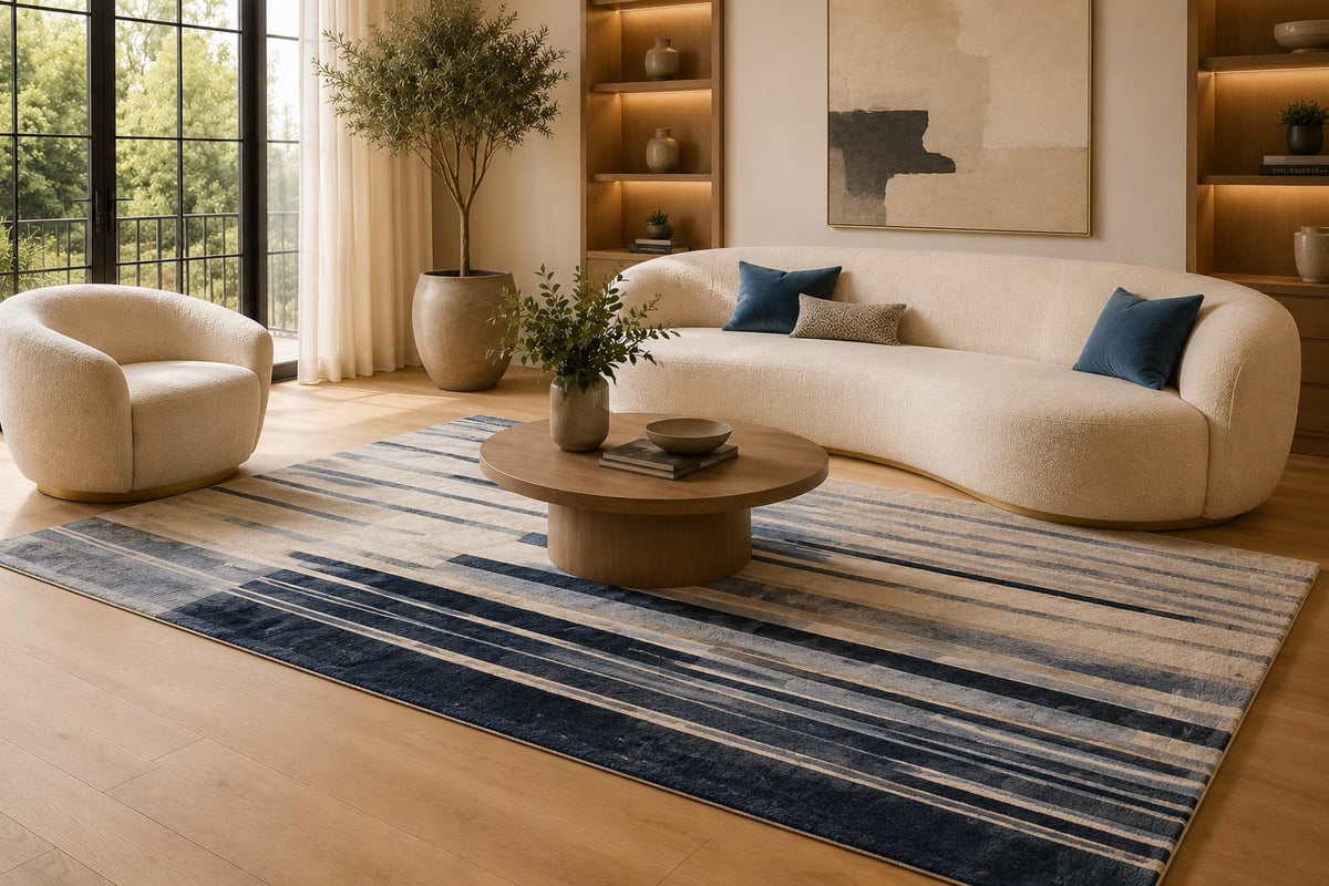 ICE ARMOR 6'7" x 9'10" Blue and Cream Linear Stripe Area Rug for Living Room, Soft Low Pile Carpet with Non-Slip Silicone Backing, Floor Decor for Bedroom, Dining Area and Home Office