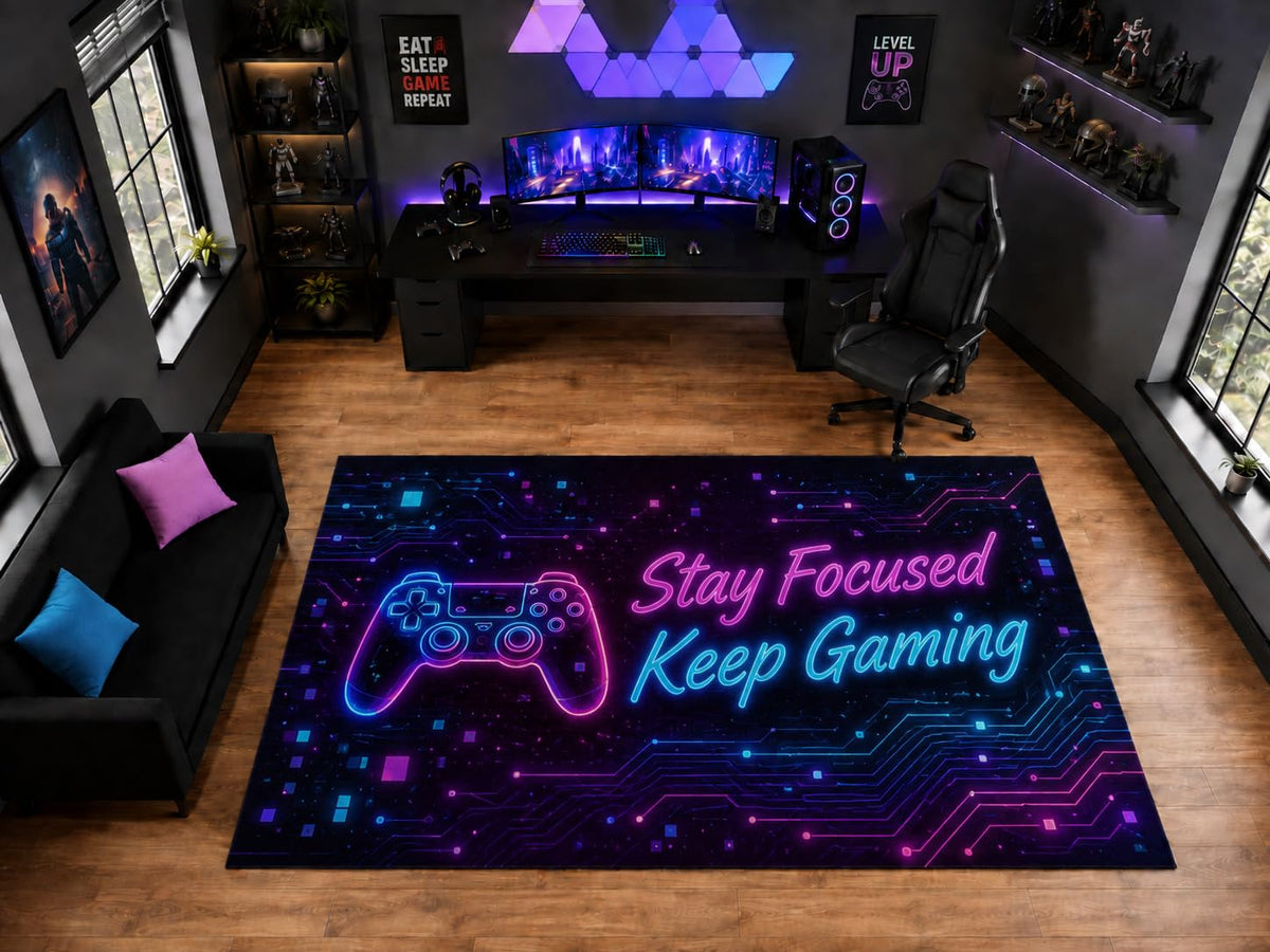 ICE ARMOR "Ultra Light Weight Large 6'7" x 9'10" Stay Focused Keep Gaming Controller Area Rug for Playroom Decor, Soft Low Pile Indoor Rug with Non-Slip Silicone Backing, Black Pink Blue