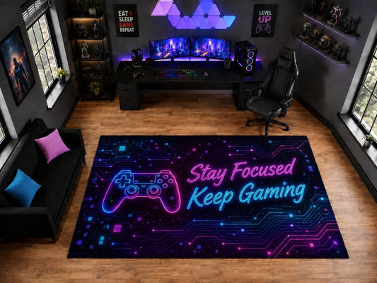 ICE ARMOR "Ultra Light Weight Large 6'7" x 9'10" Stay Focused Keep Gaming Controller Area Rug for Playroom Decor, Soft Low Pile Indoor Rug with Non-Slip Silicone Backing, Black Pink Blue
