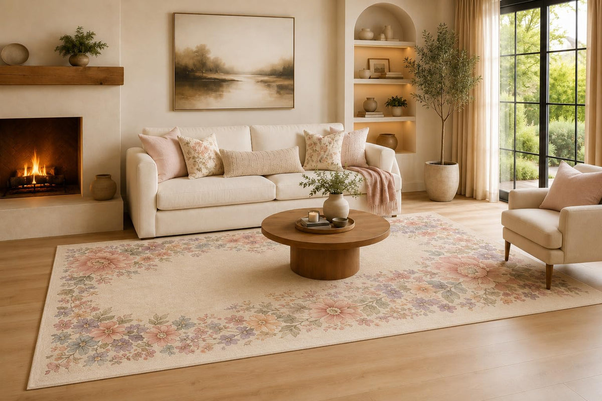 ICE ARMOR Large 6'7" x 9'10" Blush and Cream Petal Vine Border Area Rug for Living Room, Soft Low Pile Carpet with Non-Slip Silicone Backing, Decor for Bedroom and Home Office