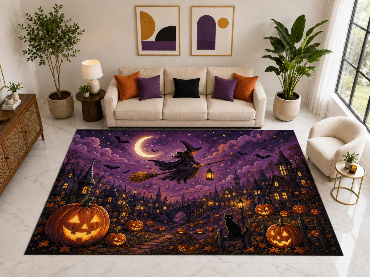 ICE ARMOR "Ultra Light Weight Large 6'7" x 9'10" Flying Witch Pumpkin Rug, Soft Low Pile Indoor Rug, Non-Slip Silicone Backing for Family Room Purple
