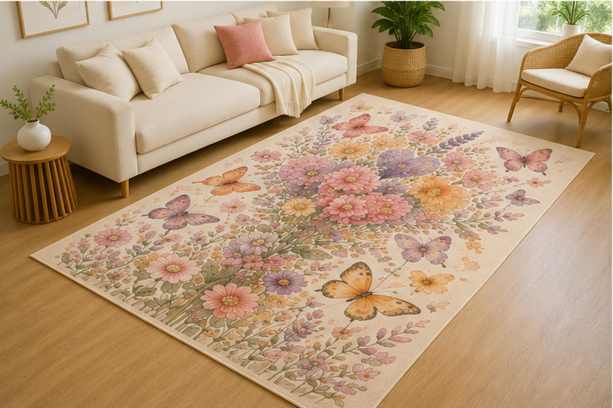 ICE ARMOR 5' x 7' Butterfly Floral Heart Bouquet Area Rug for Living Room, Soft Low Pile Indoor Rug with Non-Slip Silicone Backing, Decorative Carpet for Bedroom, Nursery, Kids Room, Kids & Pets