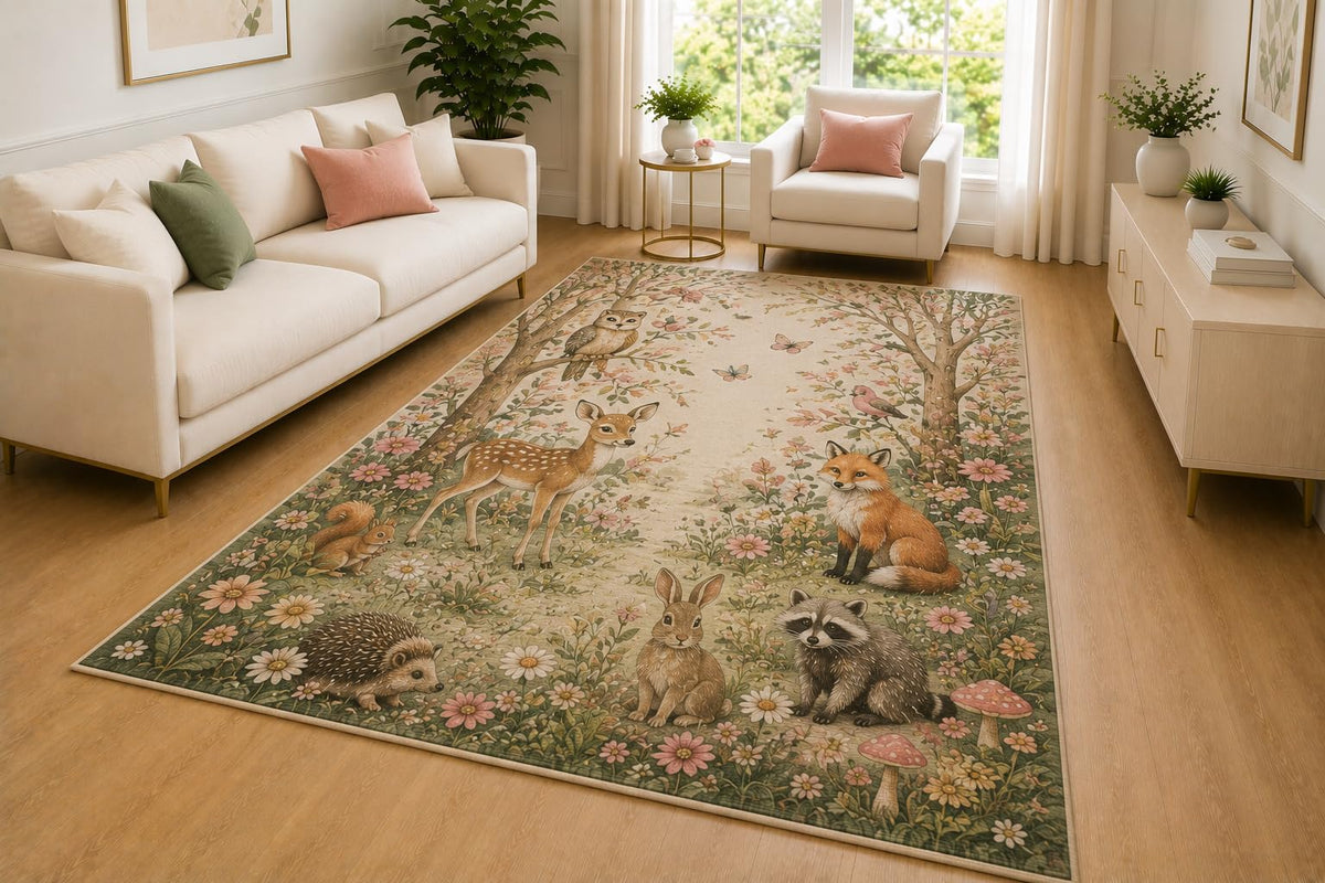 ICE ARMOR 5' x 7' Enchanted Woodland Animal Area Rug for Living Room, Soft Low Pile Indoor Rug with Non-Slip Silicone Backing, Forest Carpet for Bedroom, Nursery, Playroom, Kids & Pets, Green Pink