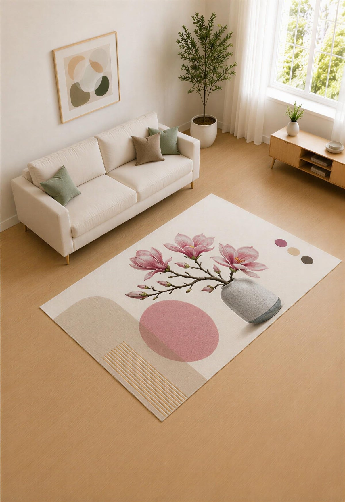 ICE ARMOR 5' x 7' Blush Pink and Ivory Magnolia Vase Area Rug for Living Room, Soft Low Pile Carpet with Non-Slip Silicone Backing, Decor for Bedroom and Home Office