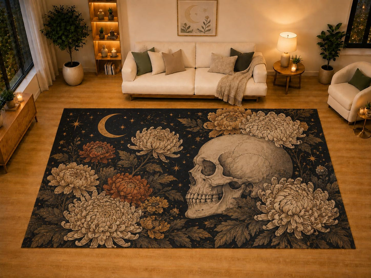 ICE ARMOR "Ultra Light Weight Large 6'7" x 9'10" Skull Chrysanthemum Crescent Moon Area Rug for Living Room Bedroom, Soft Low Pile Non-Slip Backing, Black Beige Gothic Floral Decor