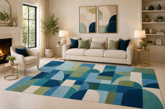 ICE ARMOR Large 6'7" x 9'10" Blue Green Geometric Area Rug for Living Room, Soft Low Pile Carpet with Non-Slip Silicone Backing, for Bedroom, Dining Area and Office, Multicolored, versatile room decor