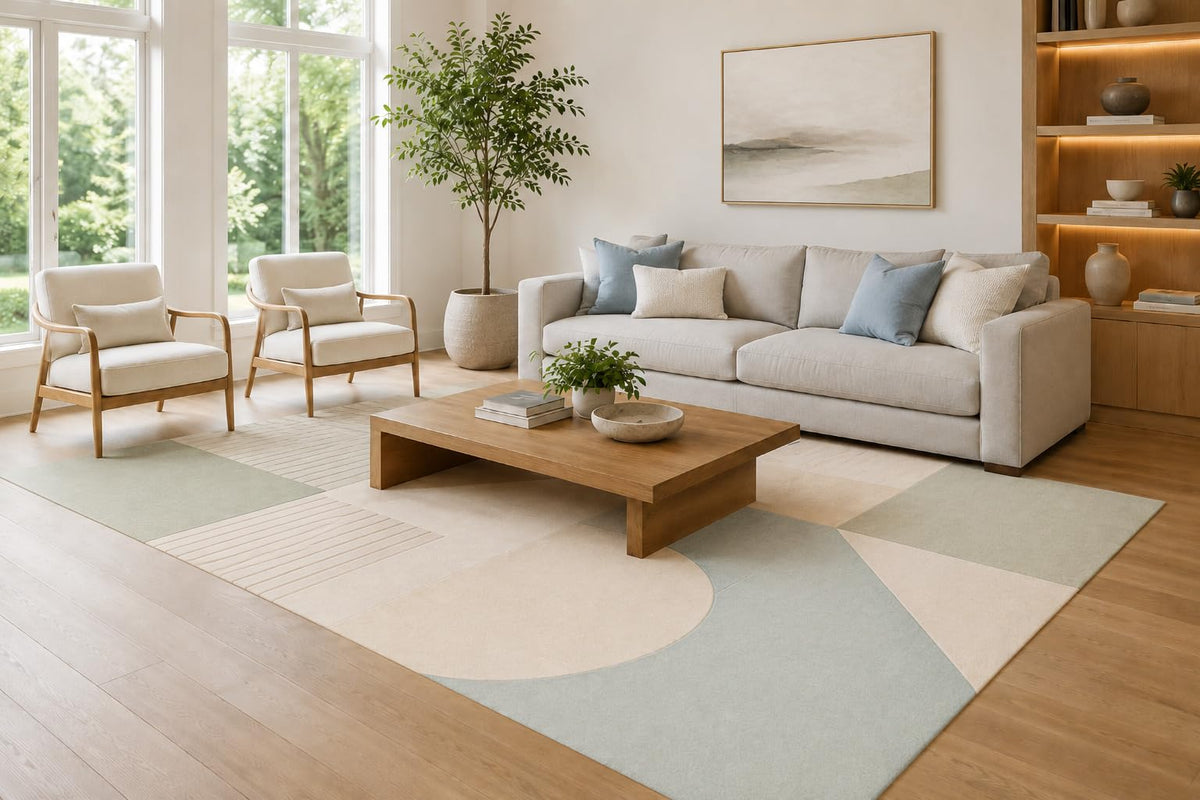 ICE ARMOR Large 6'7" x 9'10" Sage Green and Ivory Soft Block Forms Area Rug for Living Room, Soft Low Pile Carpet with Non-Slip Silicone Backing, Decor for Bedroom, Dining Area and Home Office