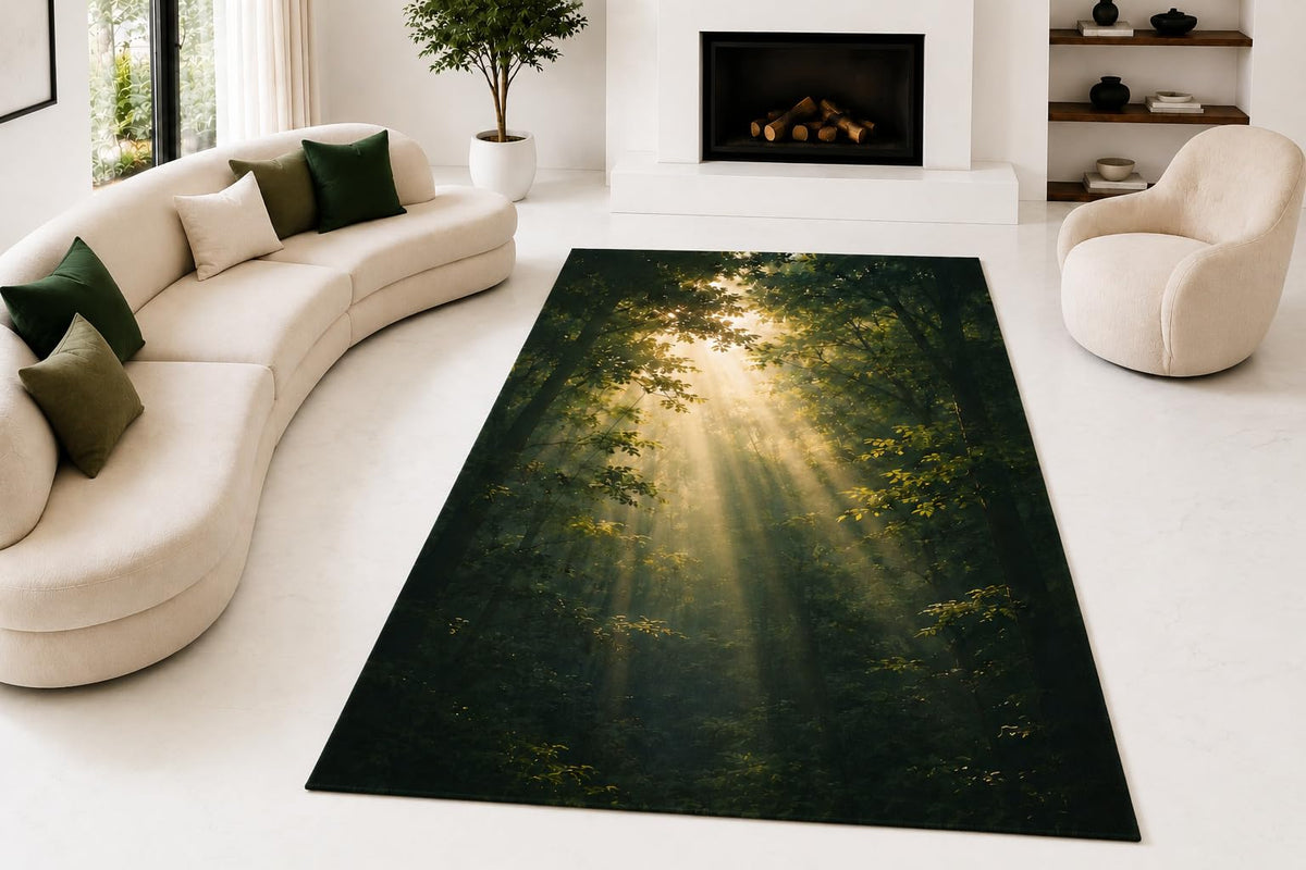 ICE ARMOR "Ultra Lightweight Large 6'7" x 9'10" Forest Sunbeam Path Area Rug for Living Room, Bedroom and Home Office, Soft Low Pile Carpet with Non-Slip Silicone Backing, Green and Amber