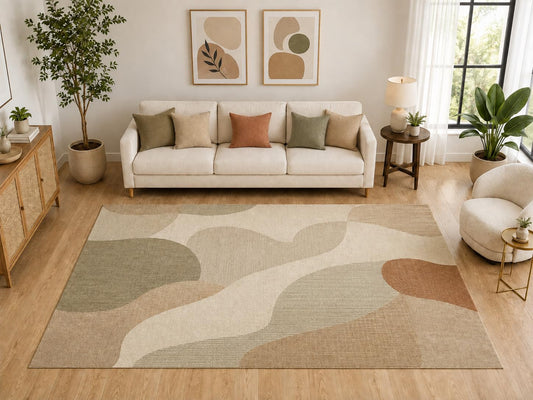 ICE ARMOR "Ultra Light Weight Large 6'7" x 9'10" Organic Shape Area Rug, Soft Low Pile Indoor Rug and Non-Slip Silicone Backing for Living Room Bedroom, Beige Olive