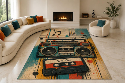ICE ARMOR "Ultra Lightweight Large 6'7" x 9'10" Retro Boombox Cassette Area Rug for Living Room, Bedroom and Home Office, Soft Low Pile Carpet with Non-Slip Silicone Backing, Teal and Tan