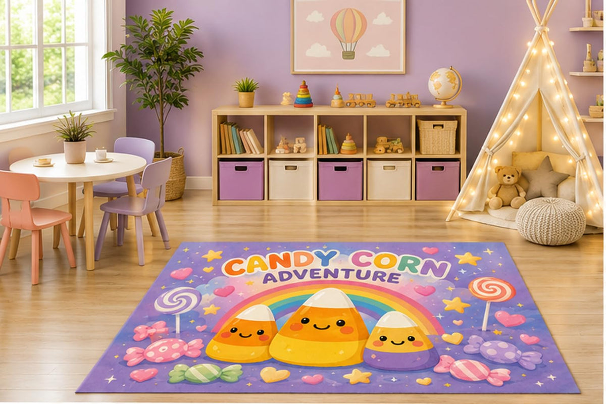 ICE ARMOR 5' x 7' Candy Corn Adventure Kids Area Rug, Cute Halloween Candy Cartoon Rainbow Playroom Nursery Bedroom Classroom Decor, Non-Slip Silicone Backing Low Pile