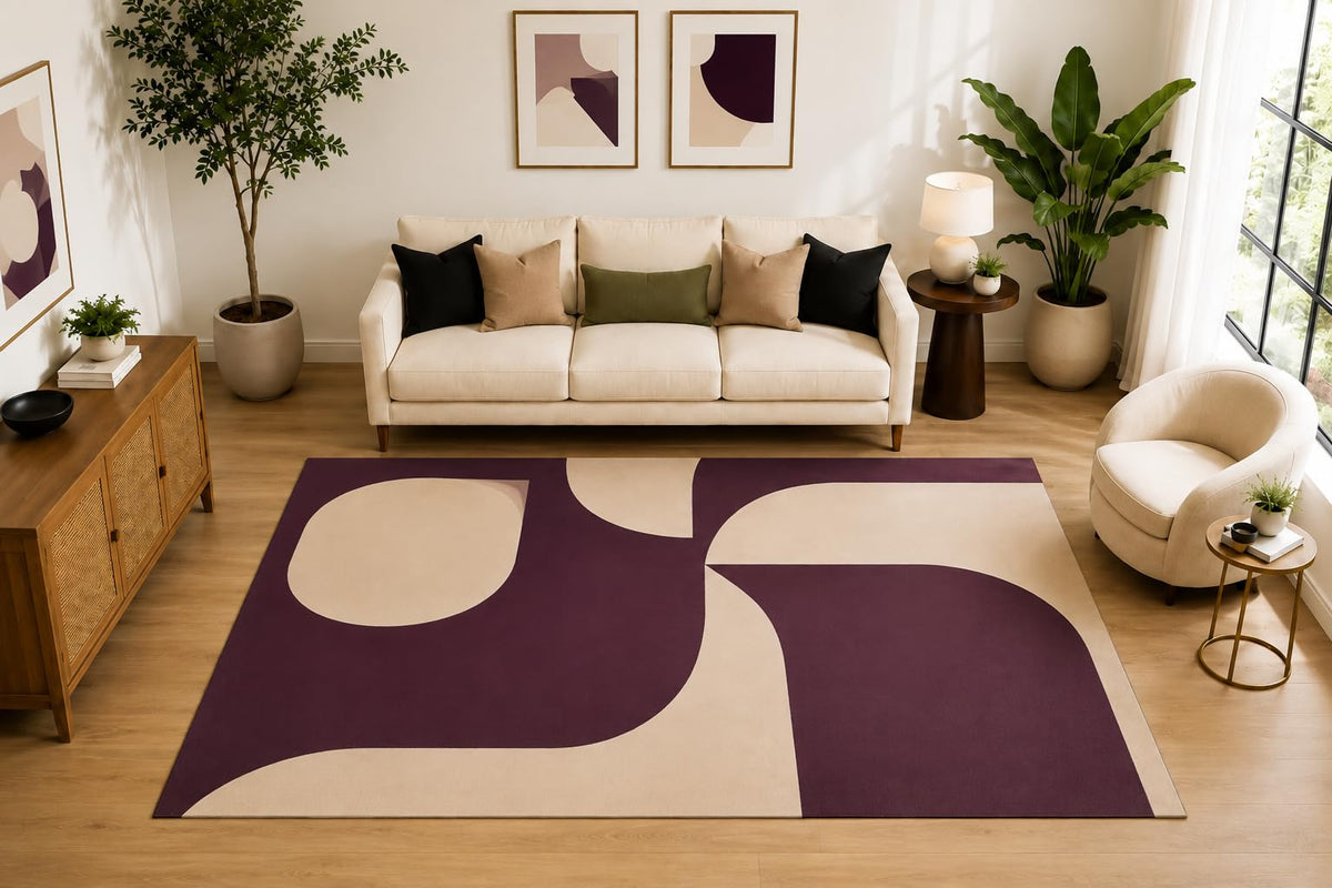 ICE ARMOR Large 6'7" x 9'10" Abstract Organic Curve Area Rug for for Bedroom, Living Room, Soft Low Pile Indoor Rug with Non-Slip Silicone Backing, Burgundy Cream