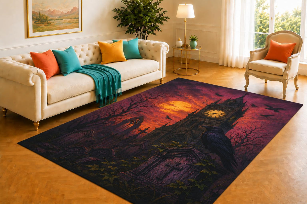 ICE ARMOR 5' x 7' Gothic Clock Tower Rug, Raven Graveyard and Sunset Artwork, Smooth Printed Floor Cover for Entryway, Office, Lounge and Dark Academia Decor