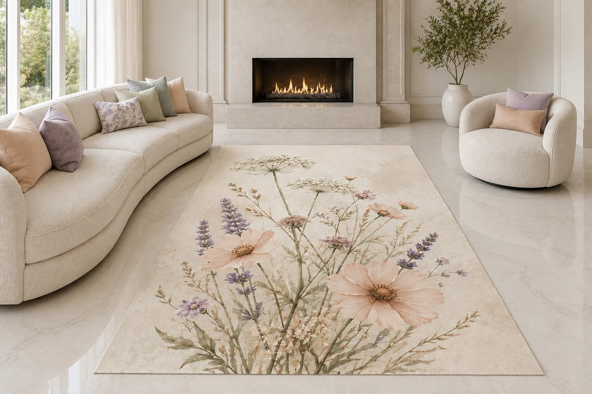 ICE ARMOR "Ultra Lightweight Large 6'7" x 9'10" Wildflower Sprigs Area Rug for Living Room, Bedroom and Home Office, Soft Low Pile Carpet with Non-Slip Silicone Backing, Cream and Mauve