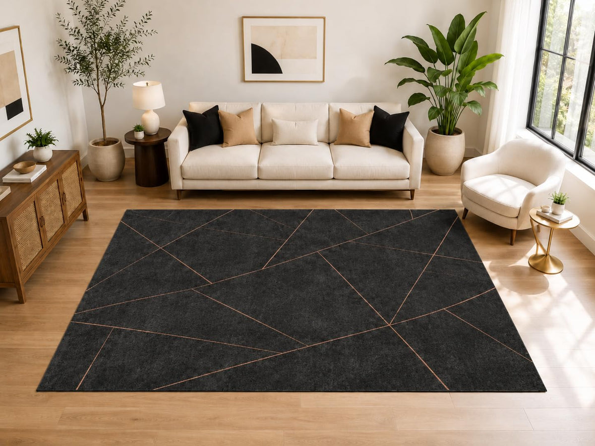 ICE ARMOR Large 6'7" x 9'10" Modern Angular Line Area Rug for for Bedroom, Living Room, Soft Low Pile Indoor Rug with Non-Slip Silicone Backing, Charcoal Copper