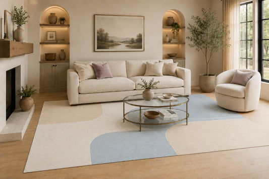 ICE ARMOR Large 6'7" x 9'10" Cream and Light Blue Geometric Blocks Area Rug for Living Room, Soft Low Pile Carpet with Non-Slip Silicone Backing, Decor for Bedroom and Home Office