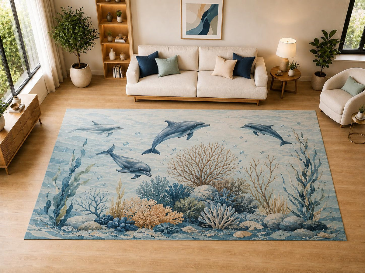 ICE ARMOR "Ultra Light Weight Large 6'7" x 9'10" Dolphin Reef, Living Room, Bedroom, Dining Room, Office, Family Room, Soft Low Pile Indoor Rug, Non-Slip Silicone Backing, Blue