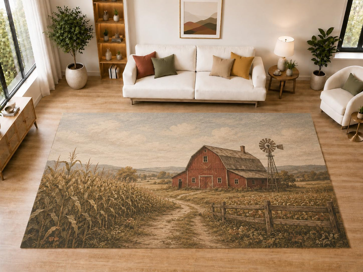 ICE ARMOR "Ultra Light Weight Large 6'7" x 9'10" Barn Windmill Area Rug for Dining, Living Room, Bedroom, Soft Low Pile Indoor Rug with Non-Slip Silicone Backing, Beige Rust