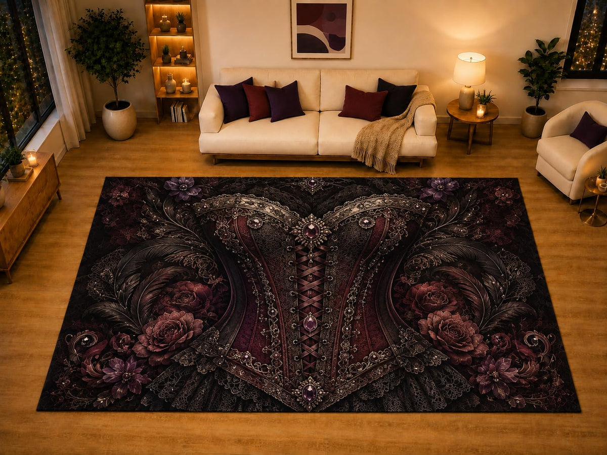 ICE ARMOR "Ultra Light Weight Large 6'7" x 9'10" Victorian Corset Roses Gothic Area Rug for Living Room Bedroom Dining Area, Soft Low Pile Non-Slip Backing, Black Burgundy Steampunk Decor